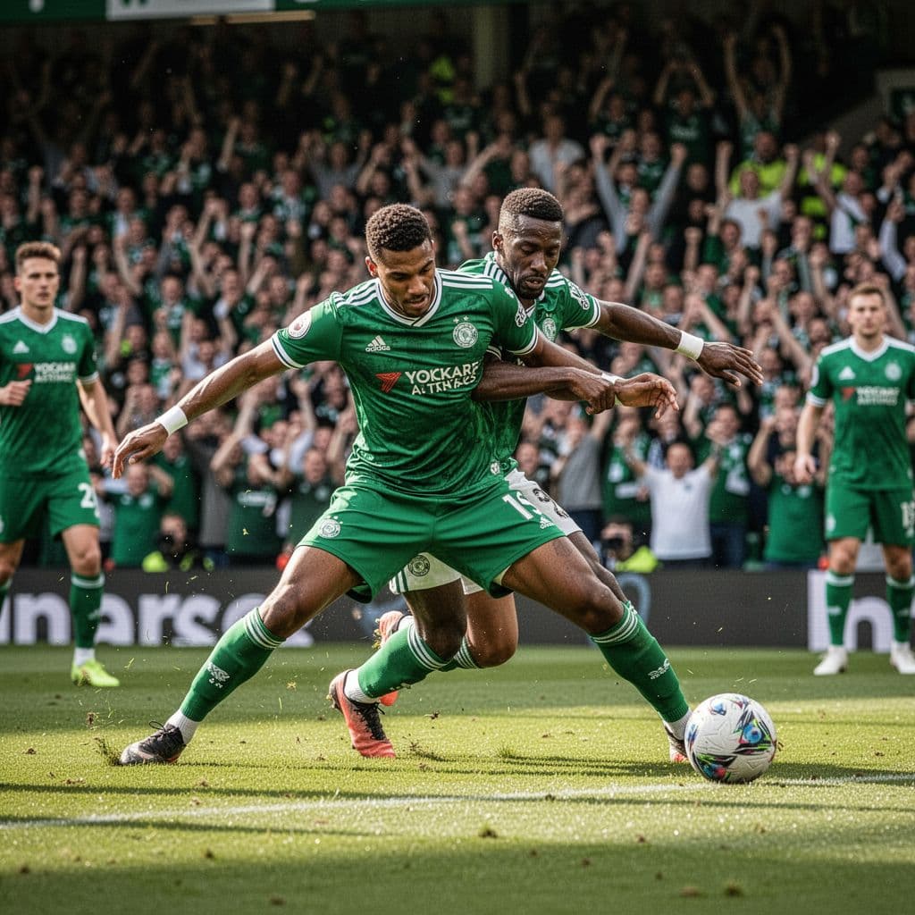 A football player in a green kit performs a defensive tackle inside a crowded stadium.