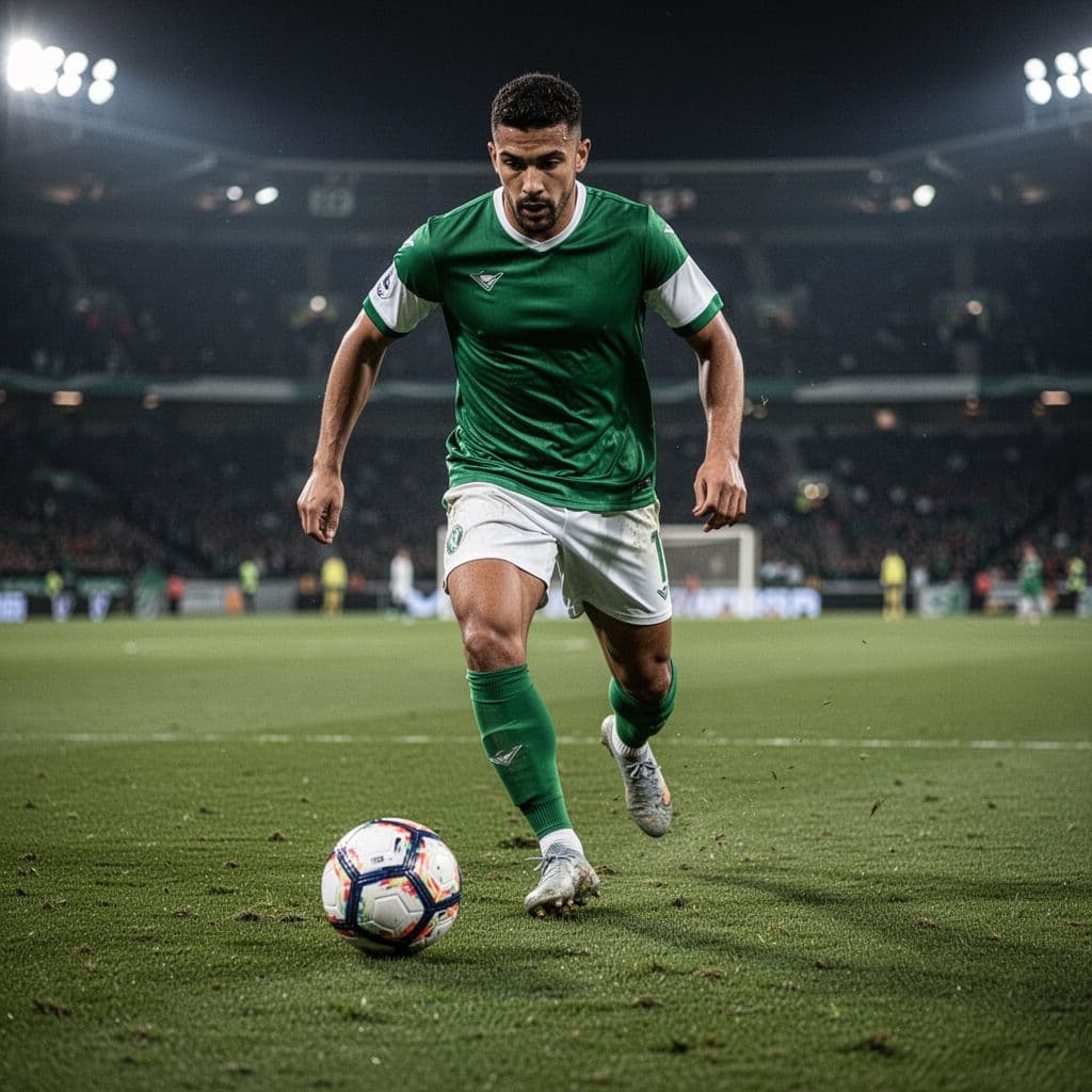 A focused football player in a green and white jersey dribbles a ball on a stadium pitch.