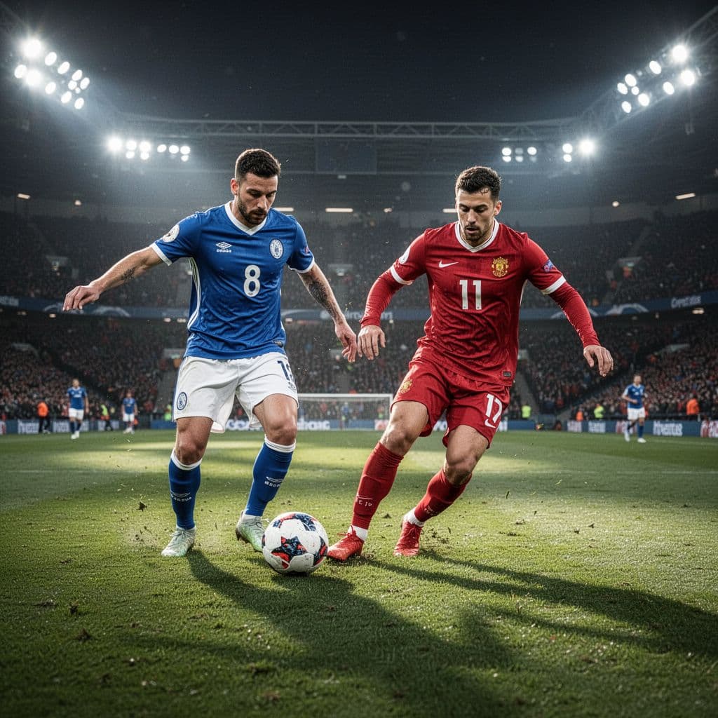 A player in a blue jersey maneuvers the ball past a defender in a red kit.