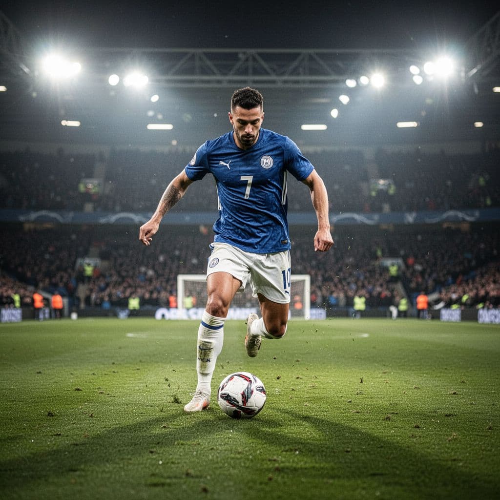 Professional football player dribbles ball on green pitch under stadium lights.