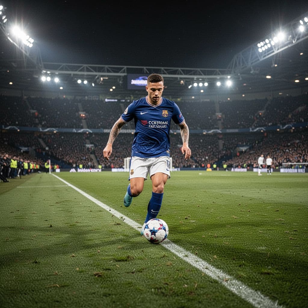 A football player dribbles a ball along the green sideline under bright stadium floodlights at night.