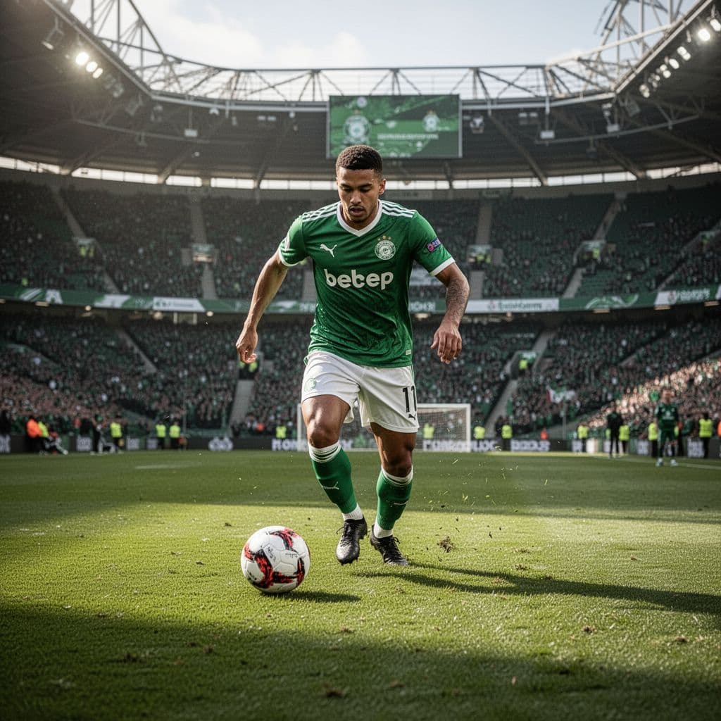 Player in green and white jersey dribbles ball on grass pitch during stadium match.
