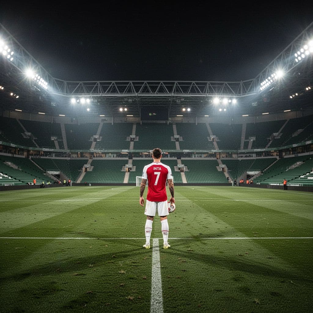 A football player in a red and white jersey stands alone on the pitch under bright stadium lights.