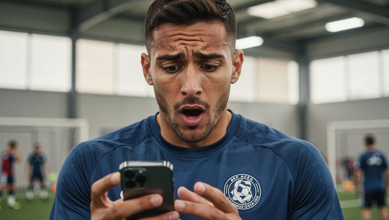 A focused male athlete looks at his smartphone with a surprised and emotional expression in a training room.