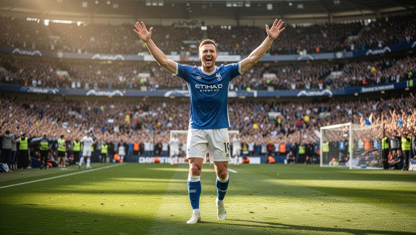 A professional athlete in a team jersey celebrates a scored goal by running across the grass. The blurred stadium stands are filled with thousands of cheering fans under bright sunlight.