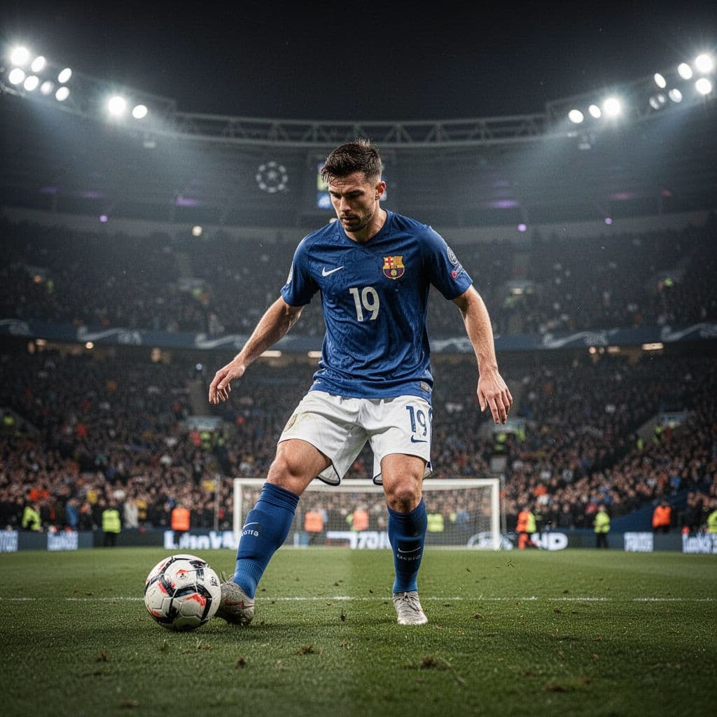 A focused football player prepares to strike the ball during a penalty kick in a crowded night stadium.
