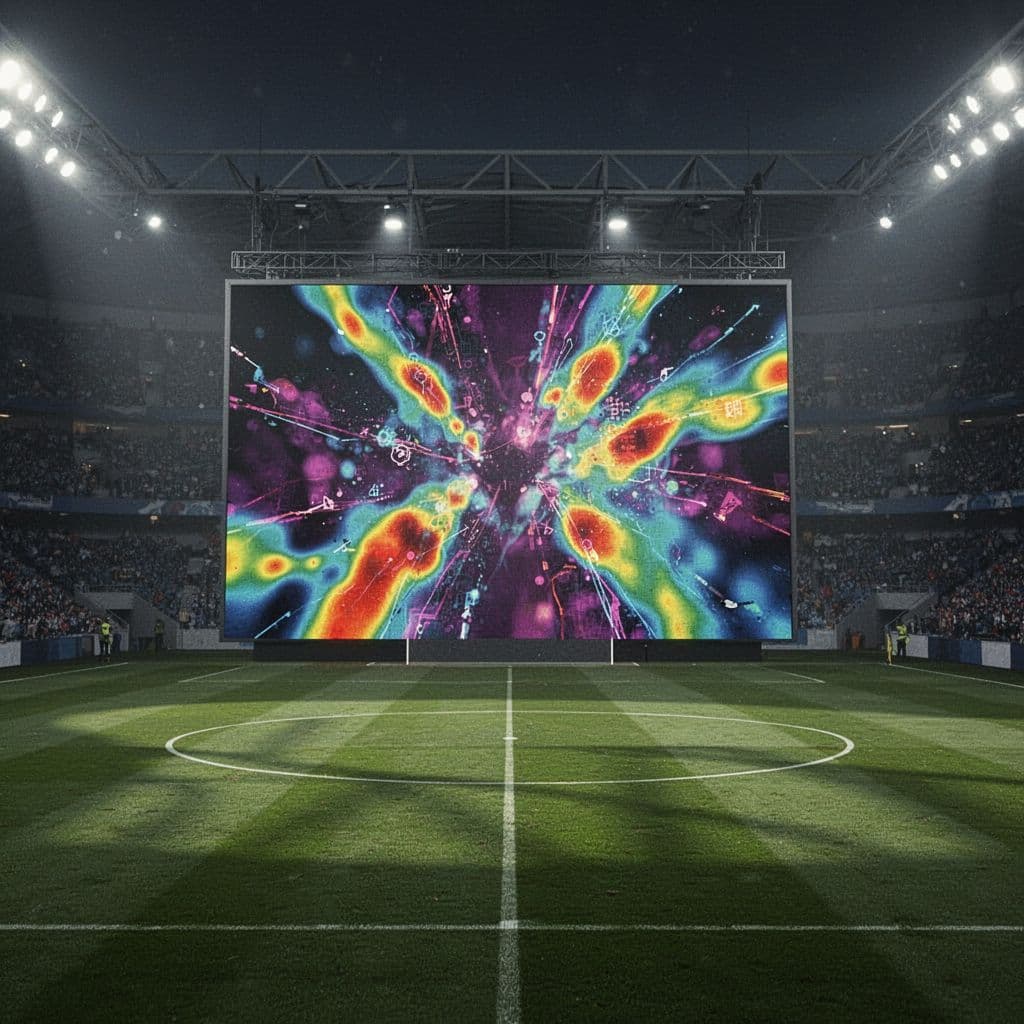 A large digital screen inside a professional arena presents intricate athlete performance metrics and colorful heat maps. The vibrant green pitch is visible in the background with a soft, blurred effect.