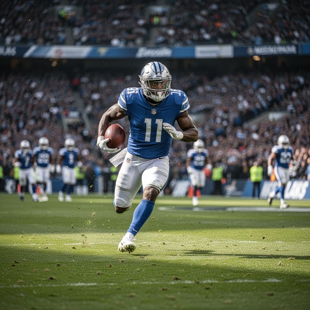 A focused football player runs with the ball across a vibrant grass pitch during a match.