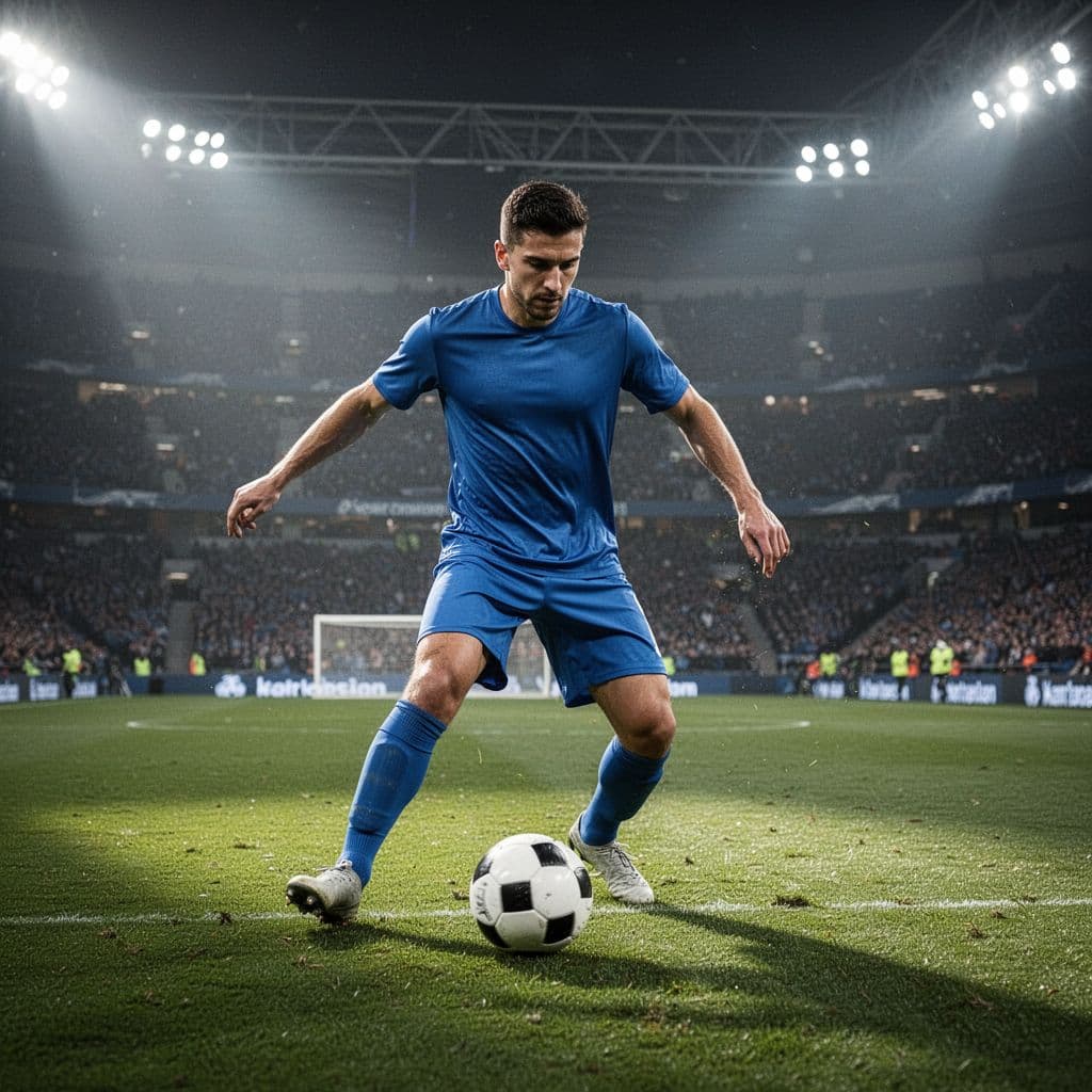 A focused football player in a blue jersey prepares to score on a green stadium pitch.