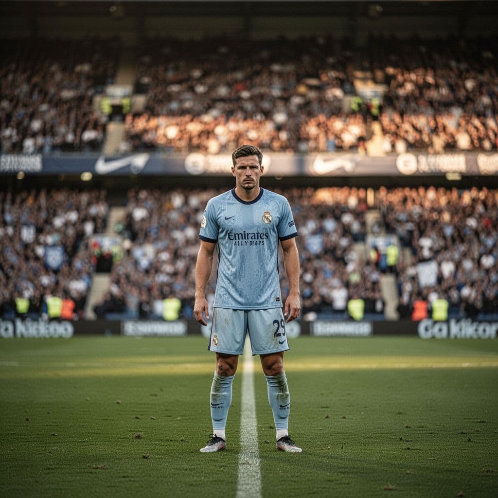 A focused soccer player stands on a stadium pitch during a high-stakes end-of-season match.