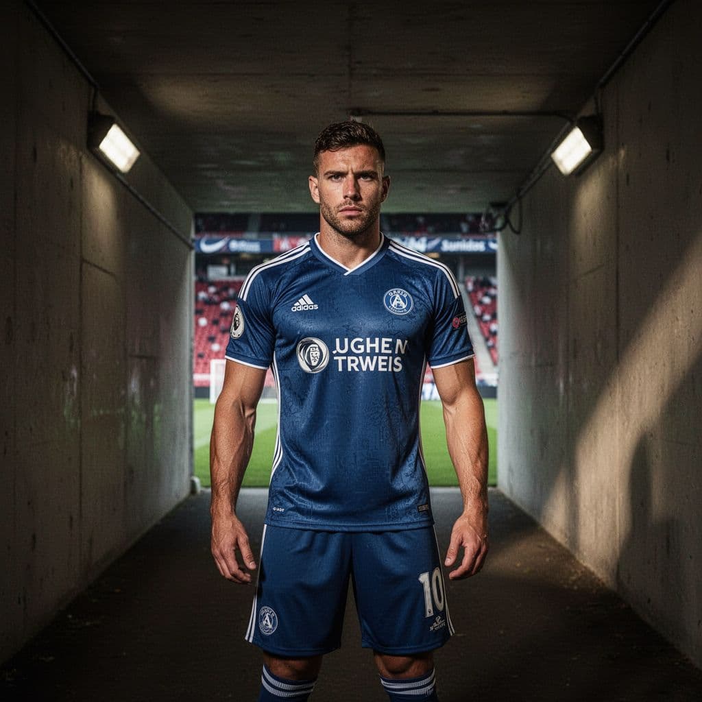 A focused soccer player stands alone in a dim stadium tunnel preparing for a match.