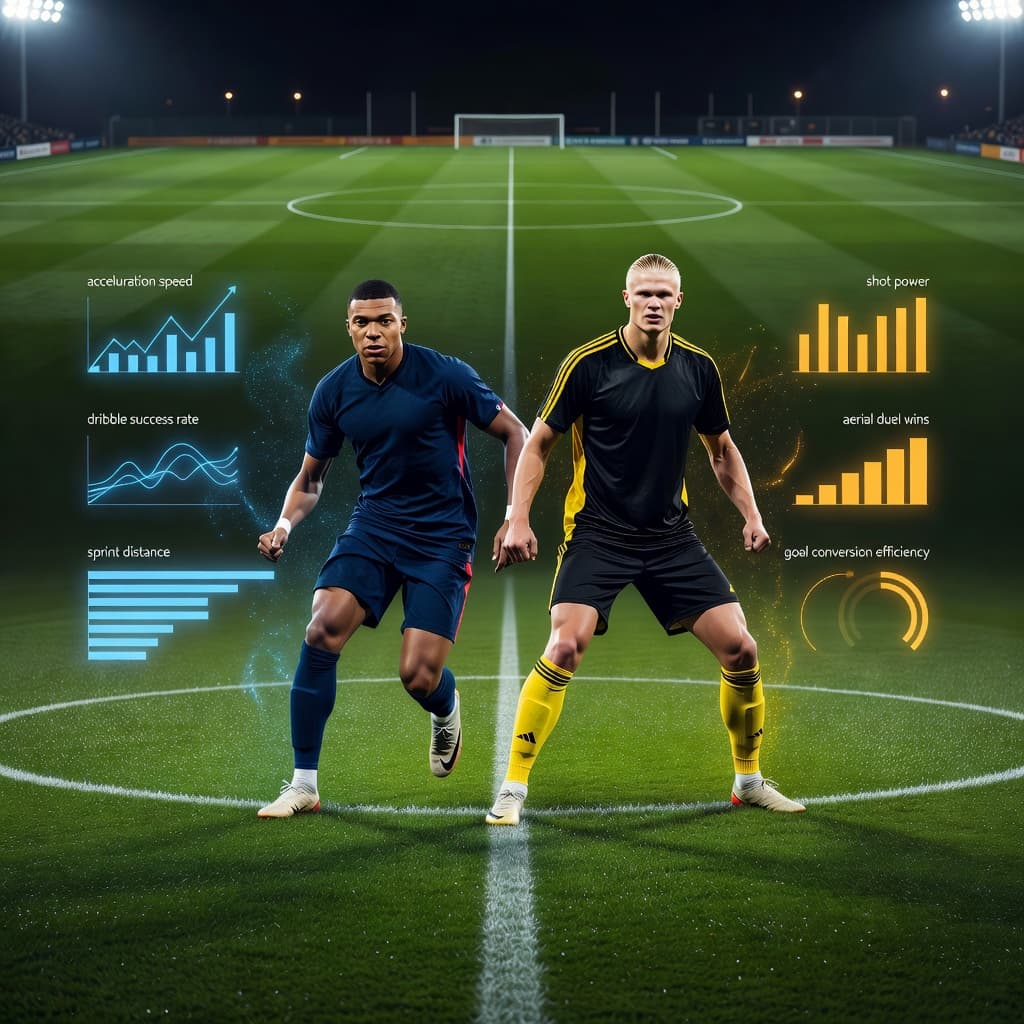 Two professional athletes stand back-to-back on a grassy pitch under cinematic stadium lights. Minimalist digital data overlays highlight performance metrics between the two figures to illustrate a competitive sports analysis.