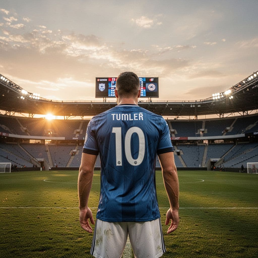 A professional football player stands on a stadium pitch at sunset, looking toward a distant scoreboard.