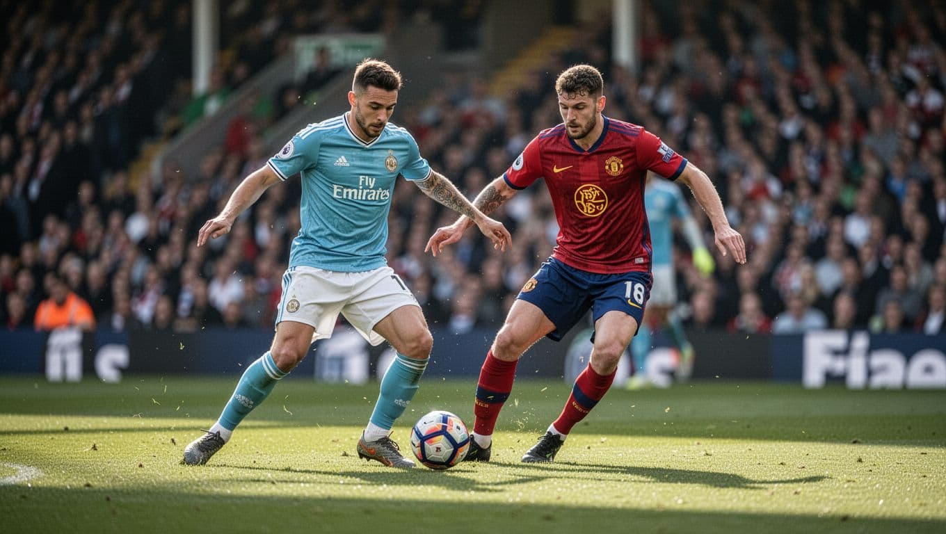 Two football players in different jerseys contest the ball on a grass pitch with blurred stadium crowd behind.