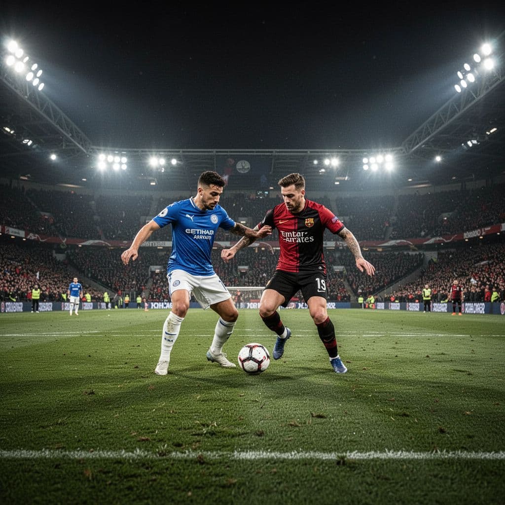 Two football players in competing jerseys fight for possession in a brightly lit stadium at night.