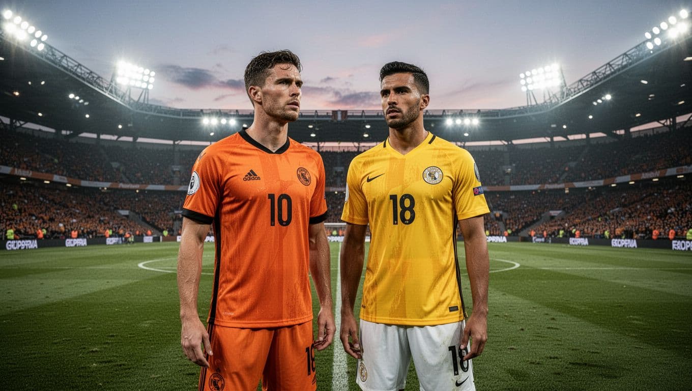 Two athletes in contrasting orange and yellow jerseys stand on a grassy field under bright stadium lights. As dusk sets, their focused faces reveal intense concentration before the upcoming match begins.