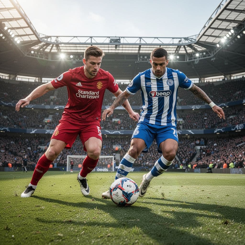 Two football players in red and striped kits battle for possession on the stadium field.