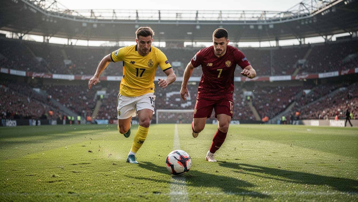 A player wearing a bright yellow jersey challenges an opponent in a red kit for ball possession. They sprint across a vibrant green pitch inside a large, sunlit stadium during gameplay.