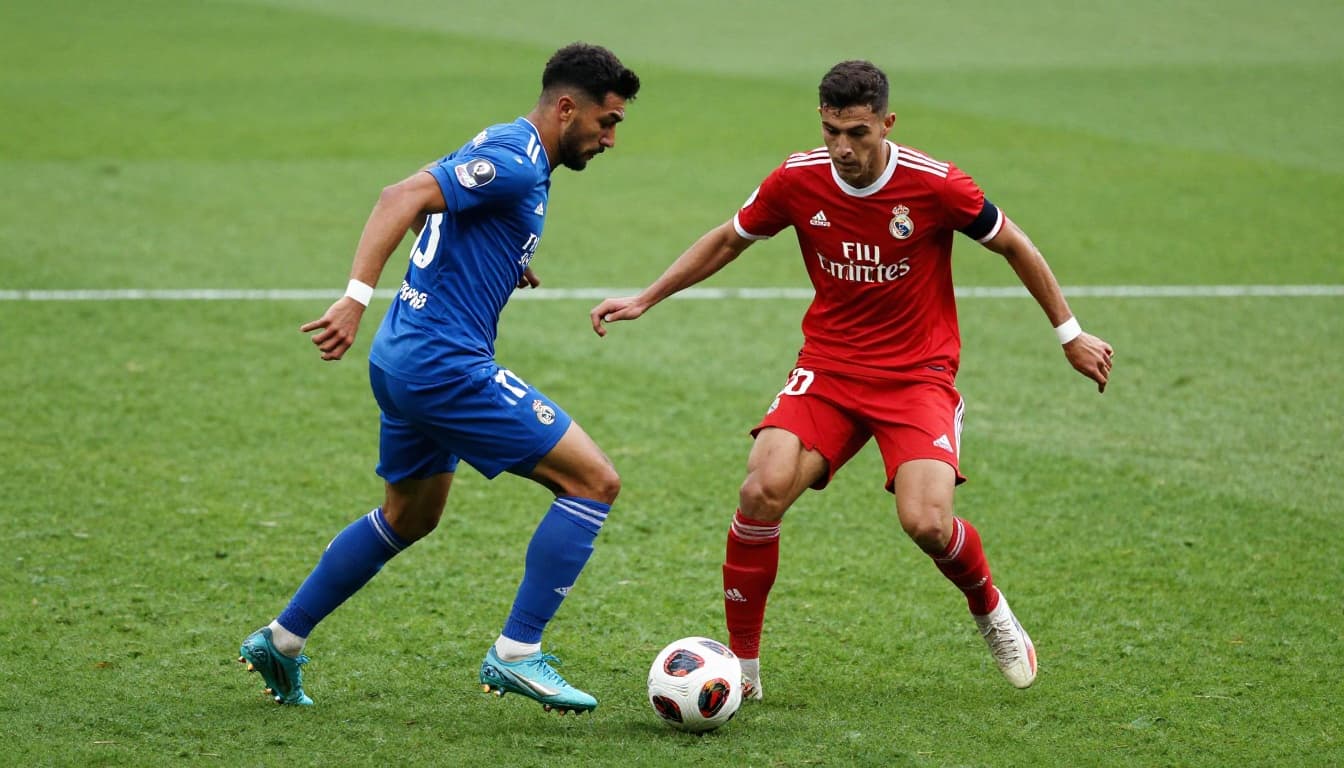 Two soccer players intensely compete for the ball on a vibrant green grass pitch.