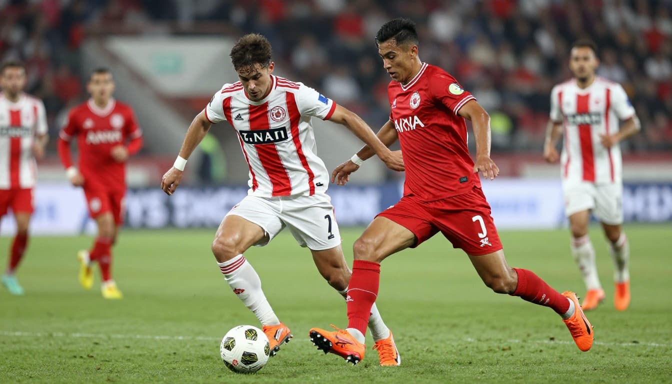 Two players in red and white striped jerseys compete for possession on a grass field.