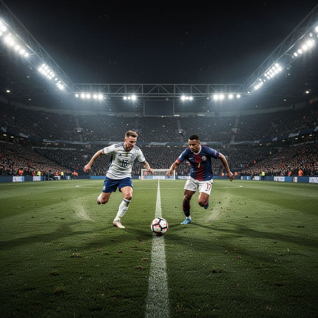 Two opposing players battle for possession under bright stadium floodlights during a nighttime match.