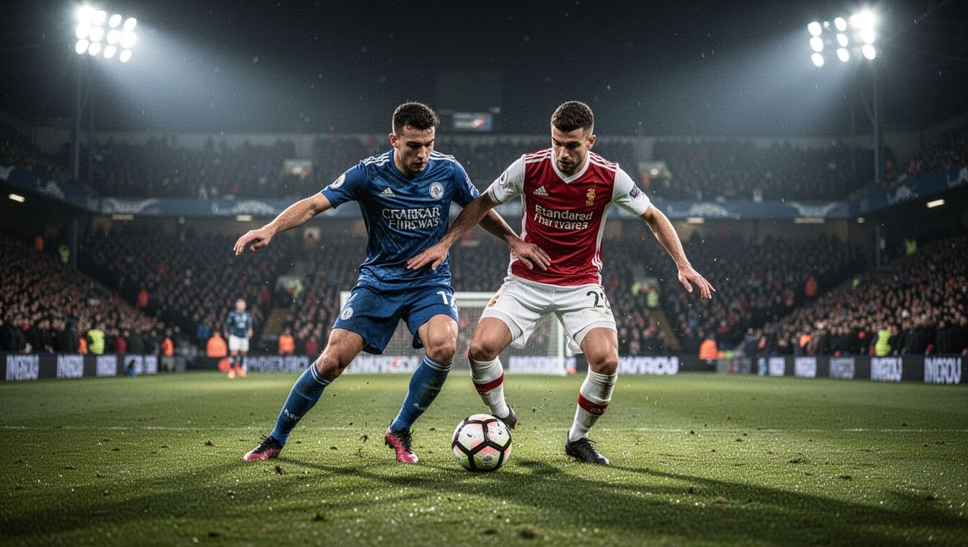 Two football players challenge for the ball in the midfield under bright stadium floodlights.