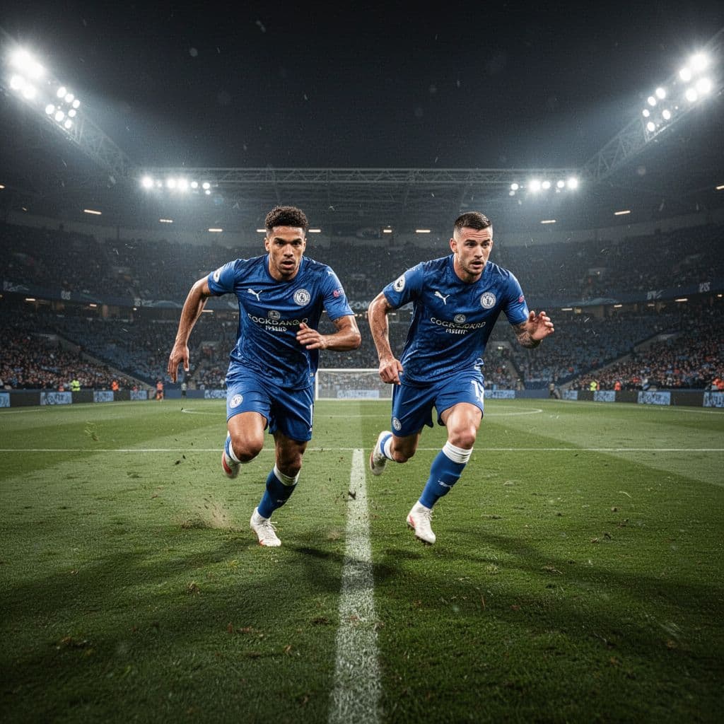 Football players in blue jerseys execute a synchronized defensive maneuver on a brightly lit field.