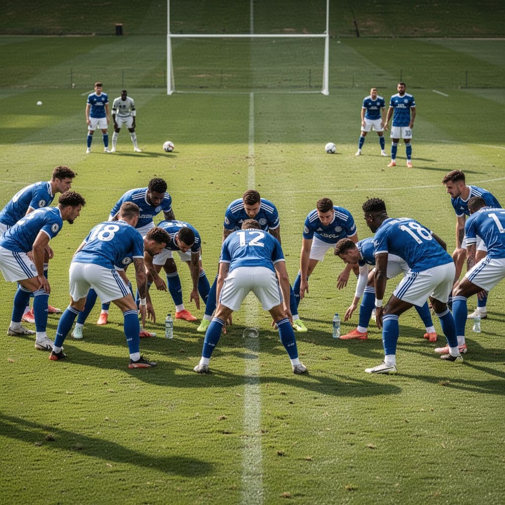 Football players in blue and white jerseys practice defensive positioning on grass pitch.