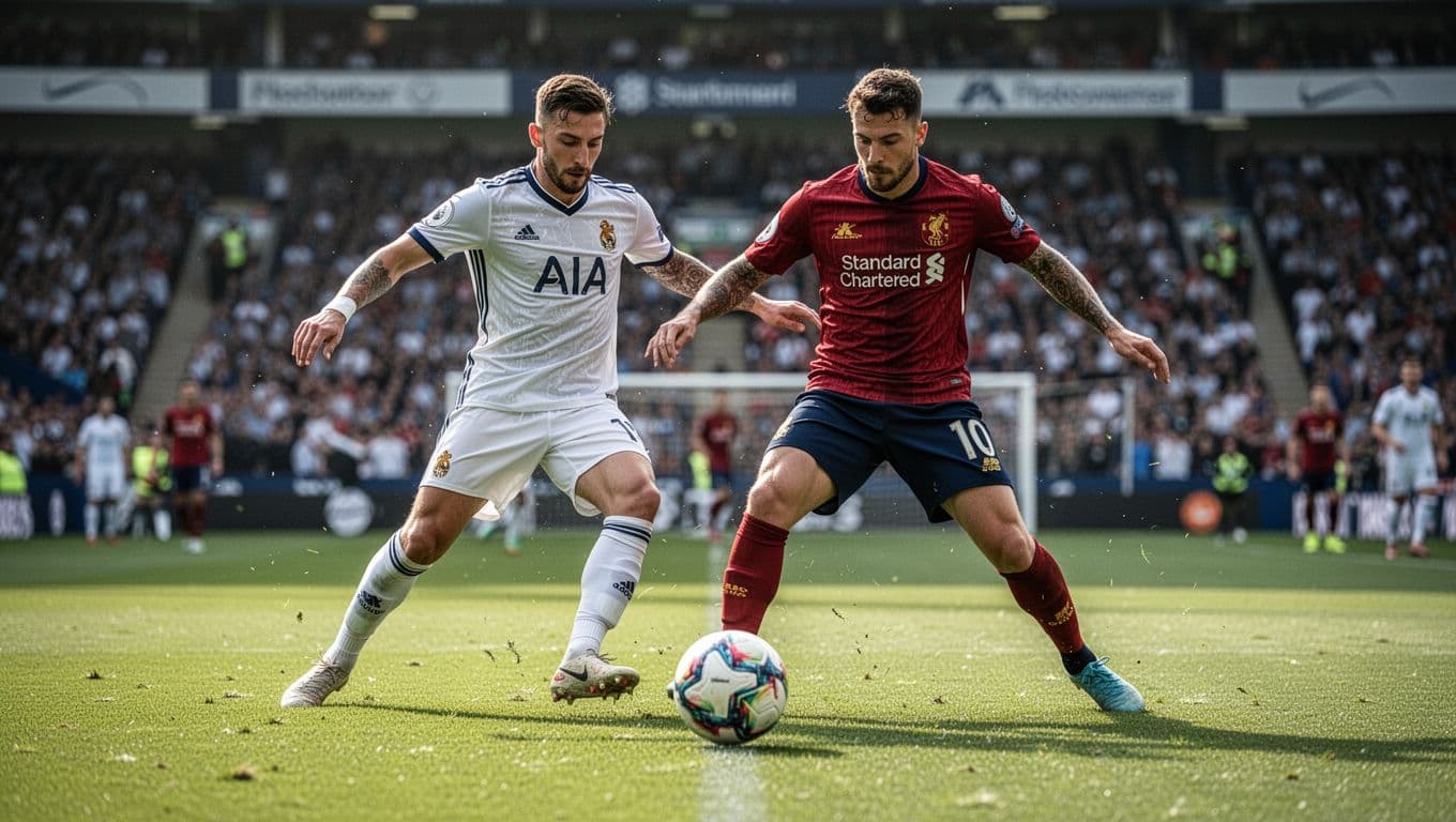 Two professional soccer players contest the ball on grassy midfield with blurred stadium background.
