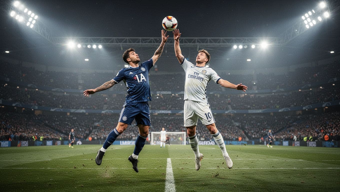 Close-up of two football players in jerseys competing for the ball on a stadium-lit pitch.