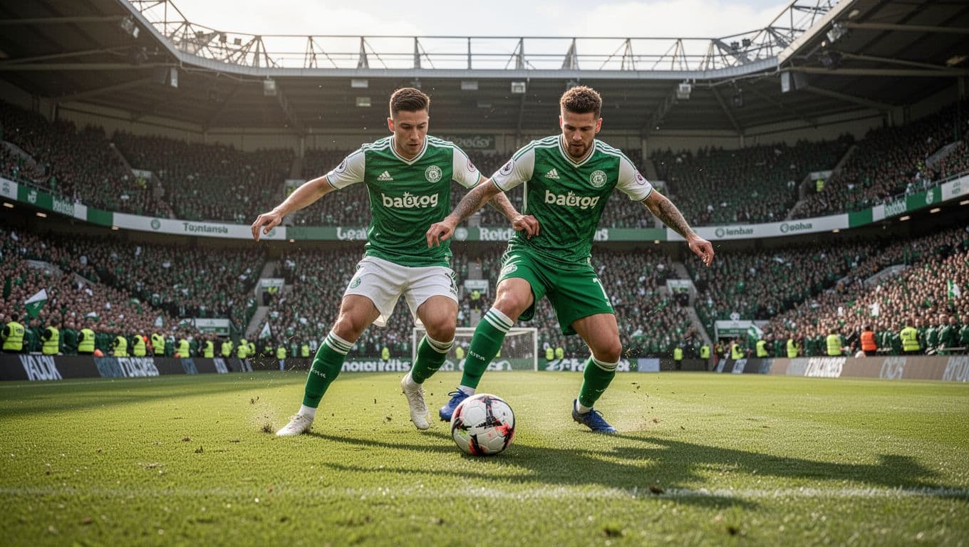 Two players in green-white jerseys contest the ball on grassy pitch amid stadium spectators.