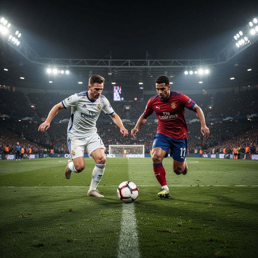 Two opposing football players compete for the ball in the center of a large lit stadium at night.