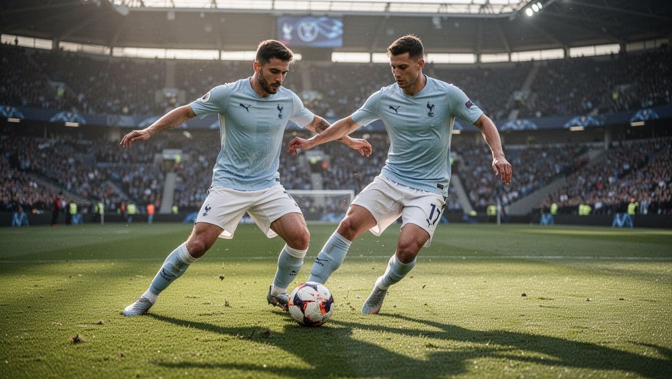 Two soccer players in red and striped jerseys compete for ball possession on a grass field.