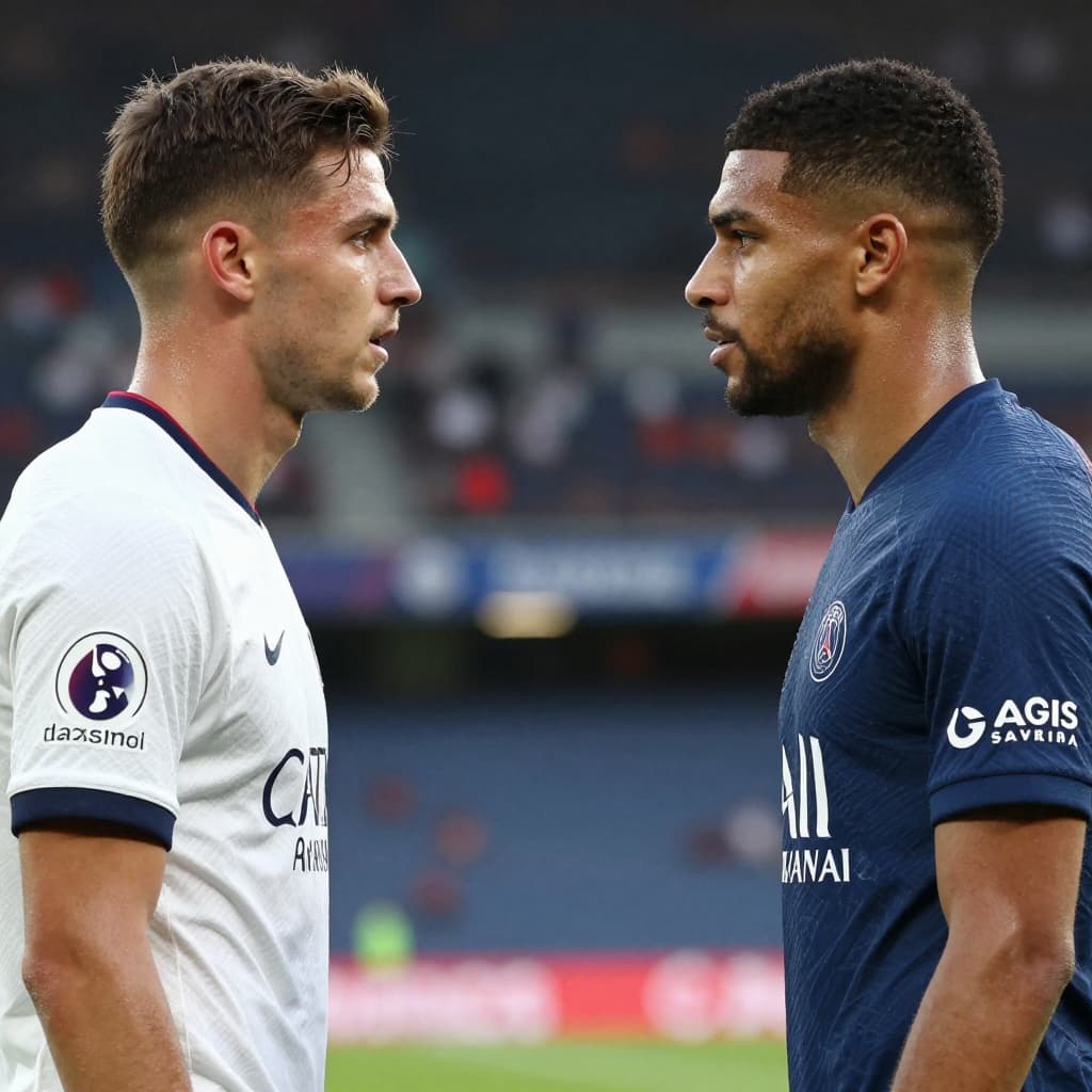 Two opposing football players stand face-to-face on the pitch with intense expressions during sunset.