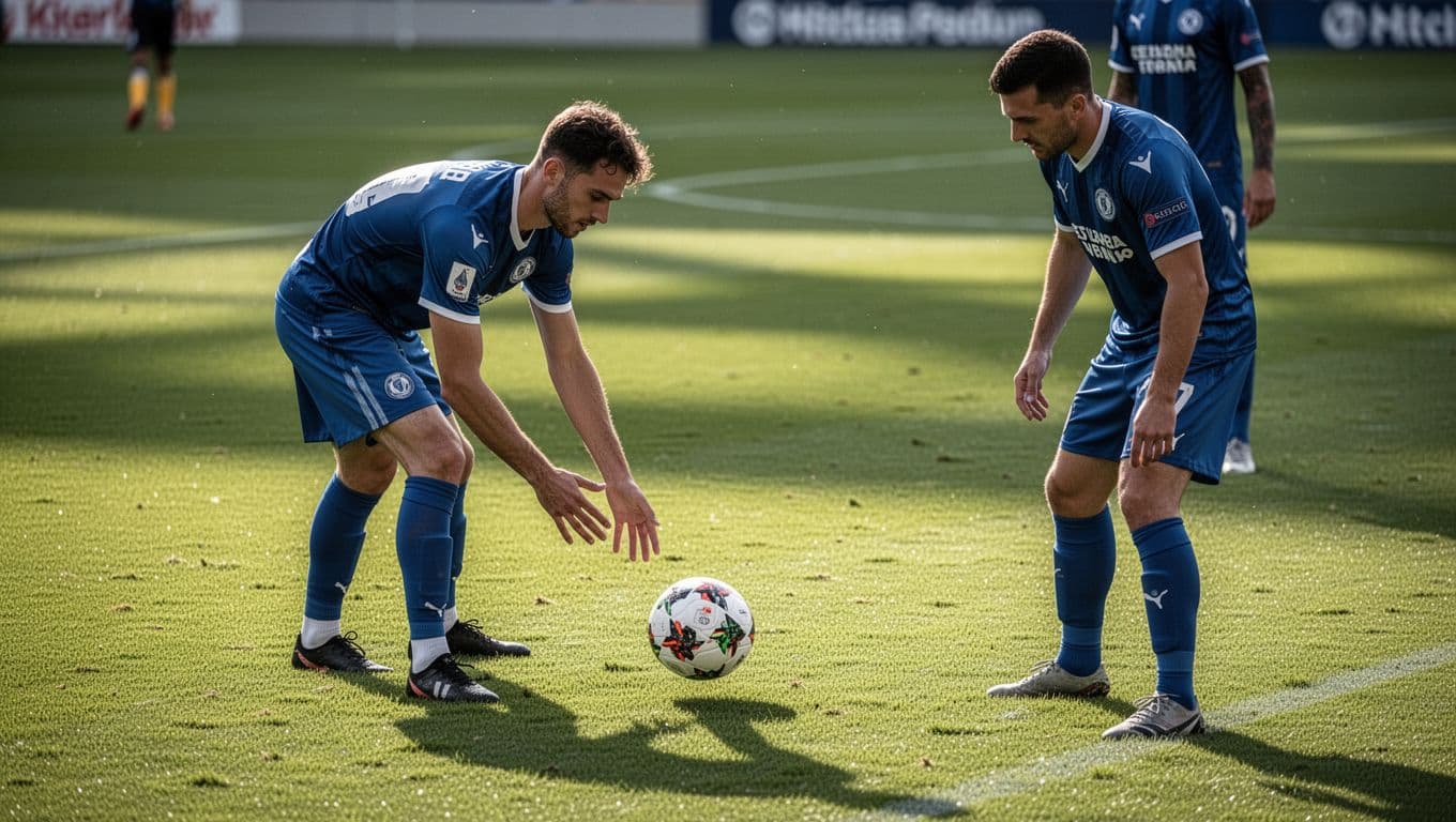 Three football players focus on a grass pitch as one prepares the ball for a free kick.