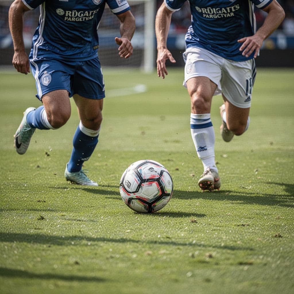 Two football players compete for the ball on a green pitch with focus on their feet.