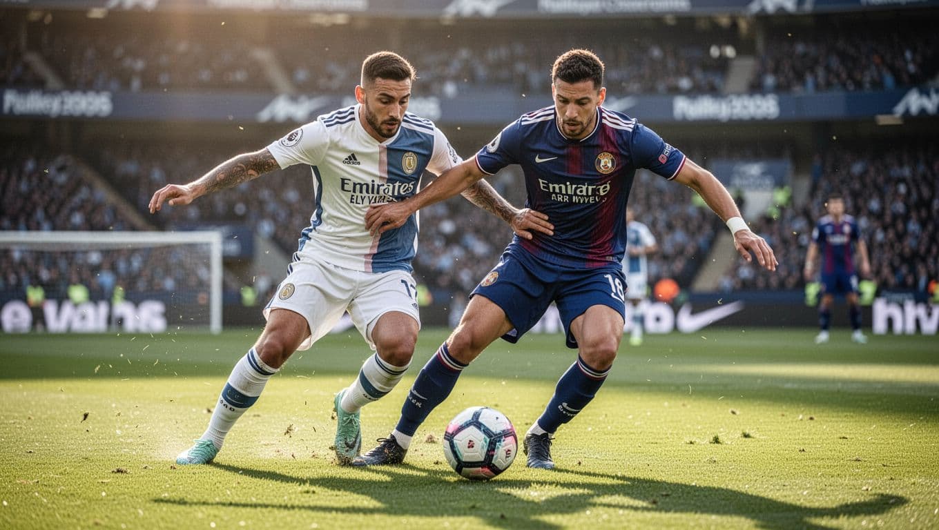 Two professional athletes from rival teams clash aggressively over a soccer ball on a lush green grass pitch. The bright sun illuminates their determined expressions during this crucial stadium match.