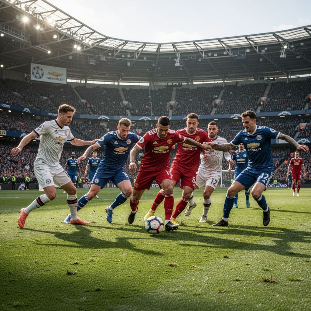 Two rival athletes contest for possession of the ball in the center of a vibrant grass pitch. Bright sunlight illuminates the sprawling stadium atmosphere during this high-intensity professional match play.