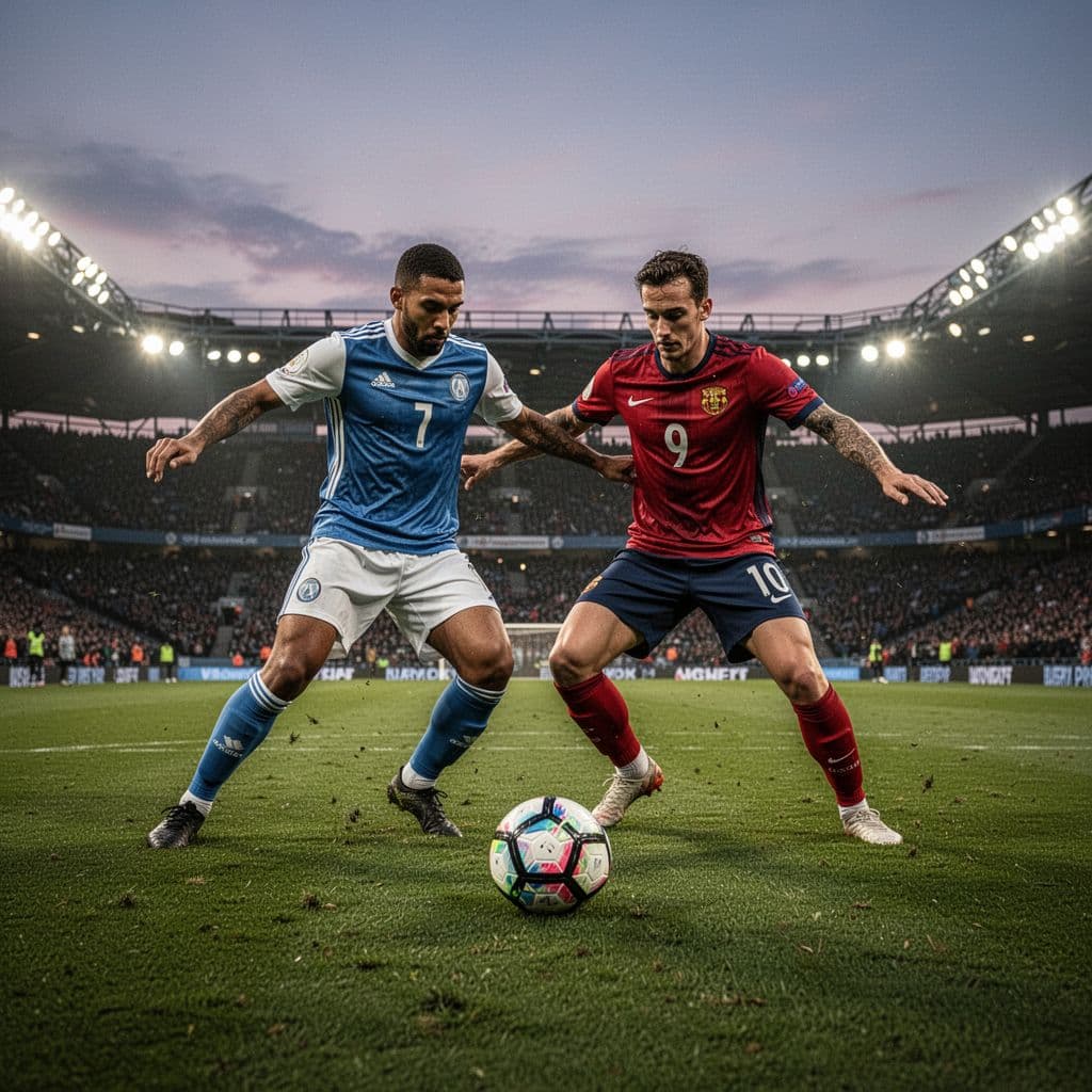 Two opposing players compete for a ball on a green pitch as stadium lights glow at dusk.