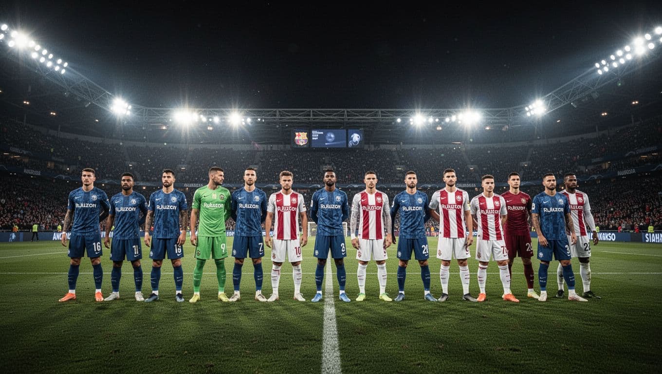 Athletes stand on the manicured grass of a stadium at night under bright floodlights after a draw. They show expressions of exhaustion and tactical contemplation while looking toward the empty stands.