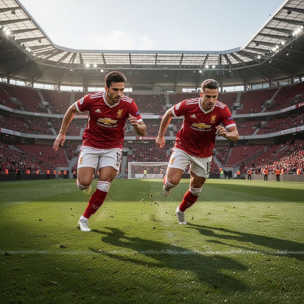 Two professional football players, one in red uniform and one in white, move dynamically on green grass pitch in stadium.