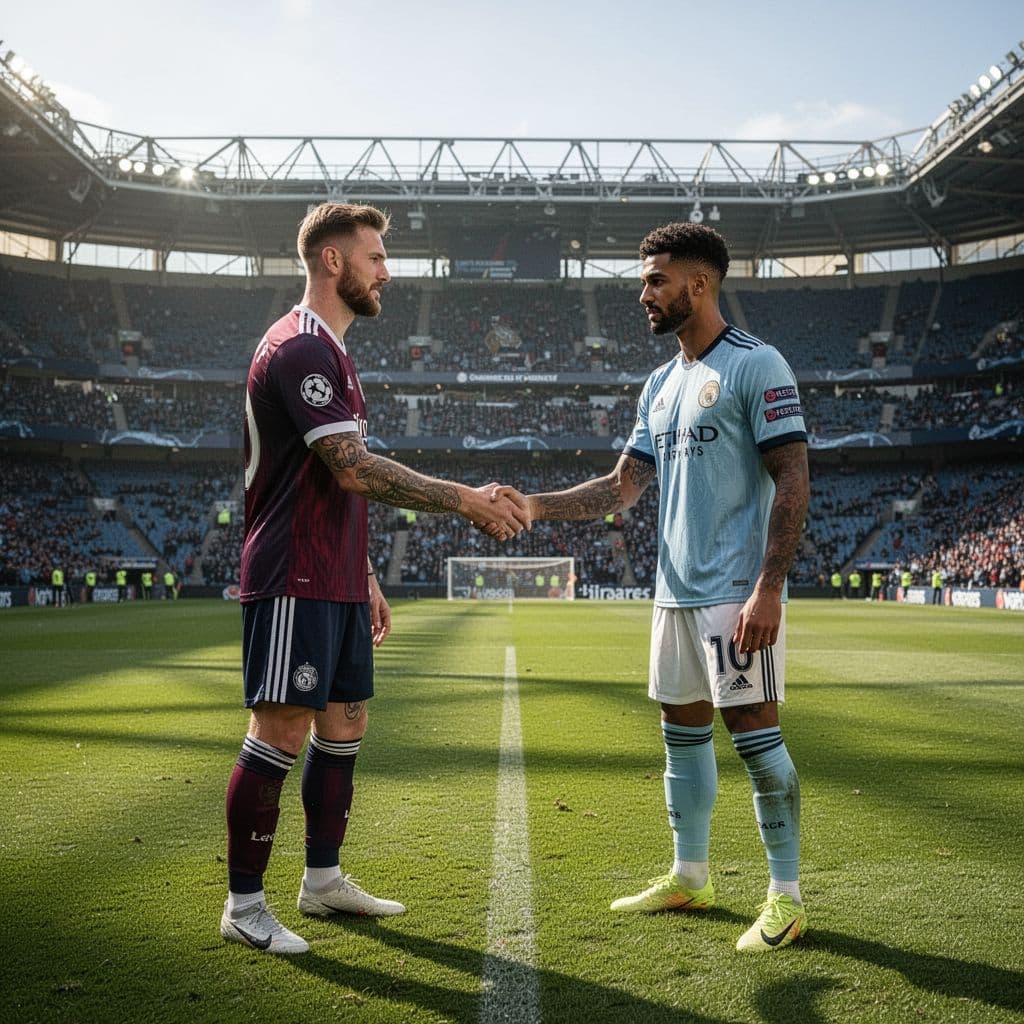 Two professional football players in different jerseys shake hands on a stadium grass pitch.