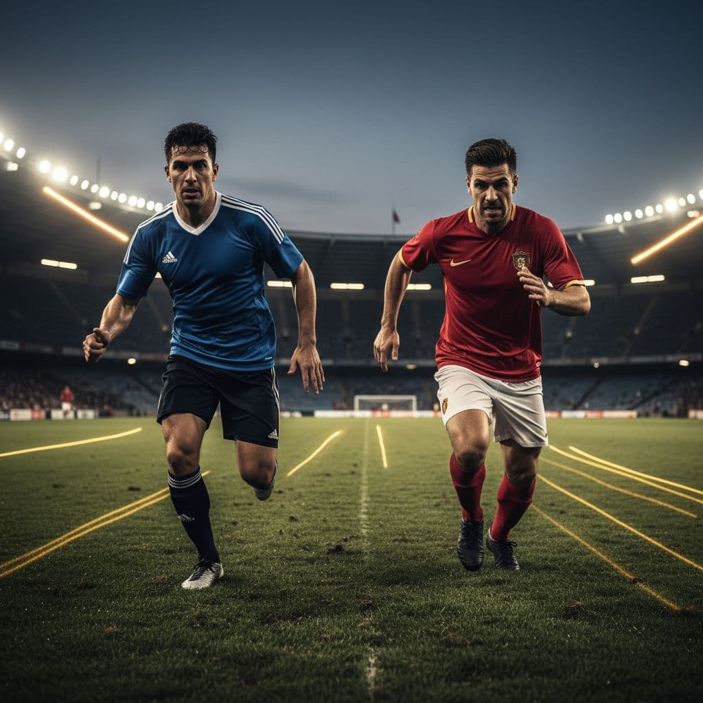 Two professional football players in competing jerseys sprint side-by-side across a brightly lit grass pitch.