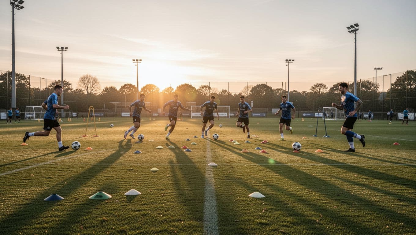 Football players conduct tactical drills on a clean, professional training pitch during a clear sunrise.