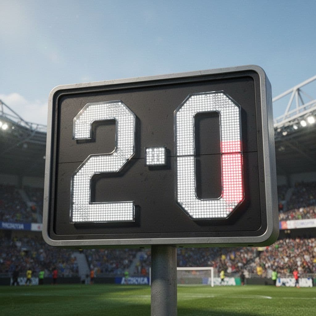 Close-up of football scoreboard showing 2-0 score against bright stadium background on clear day.