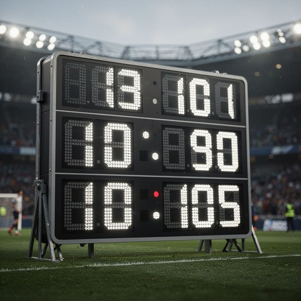 Close-up of football scoreboard showing team numbers with blurry stadium background.