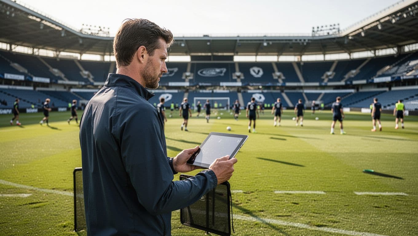 A focused coach stands on the sidelines reviewing player statistics on a digital tablet during training.