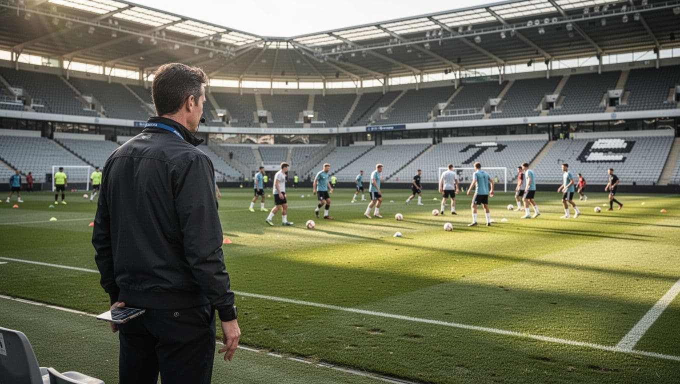 A football scout observes players during a training session at a professional stadium.