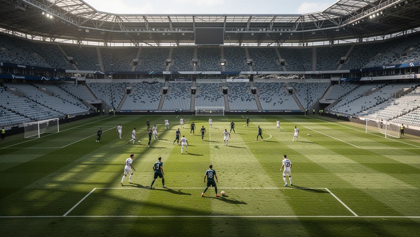 Wide view of professional football stadium pitch during day match with intense atmosphere.
