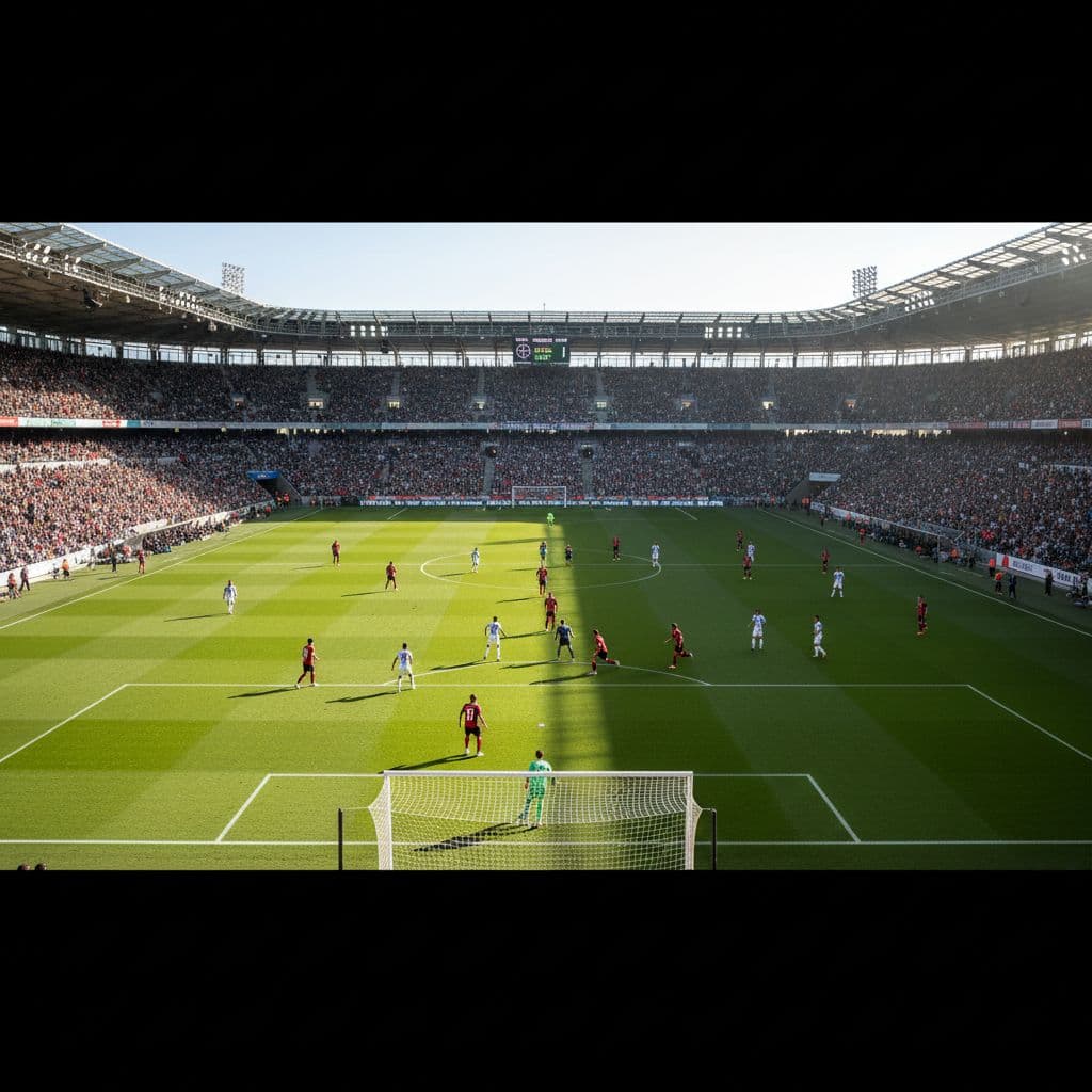 Wide shot of professional football stadium with players on green pitch under sunlight.